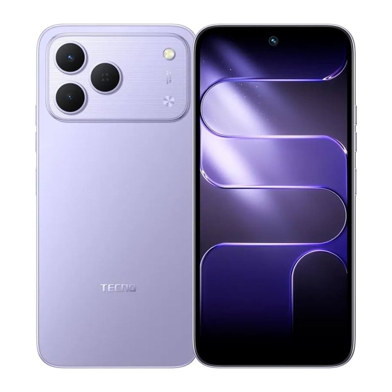 Celular Tecno Spark 50 en color lila, vista trasera y frontal
