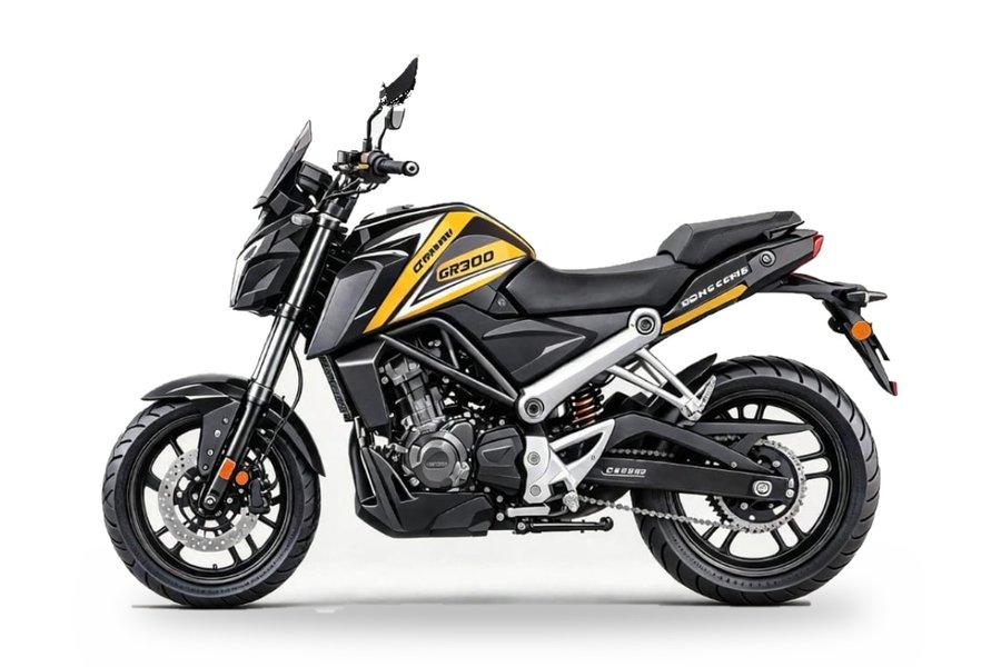 Motocicleta GR300 Naked 2026 en negro y amarillo